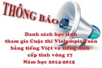 Thông báo: Danh sách học sinh tham gia Cuộc thi Violympic Toán bằng tiếng Anh và tiếng Việt cấp tỉnh năm học 2014-2015