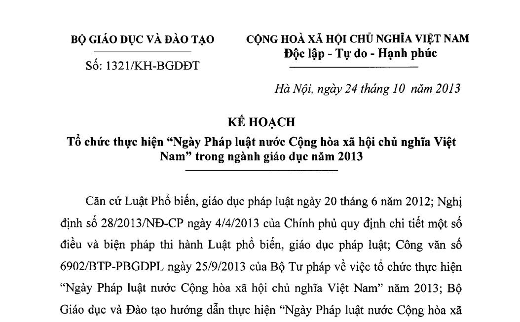 Kế hoạch tổ chức thực hiện Ngày pháp luật Việt Nam trong ngành GD năm 2013